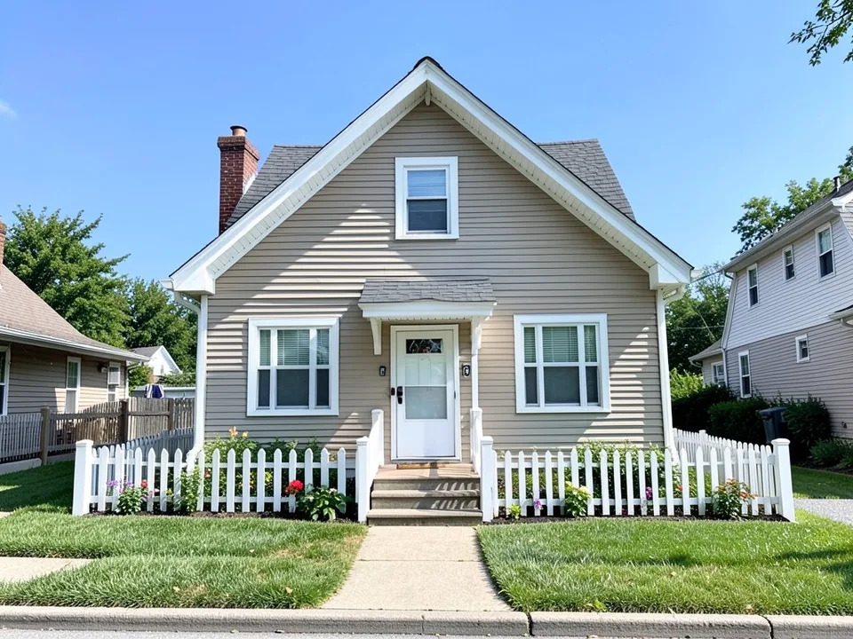 AI-drawn generic stand-in of a one-and-a-half story cottage with a steep gable, beige siding, white trim, a brick chimney, a white front door and a white picket fence
