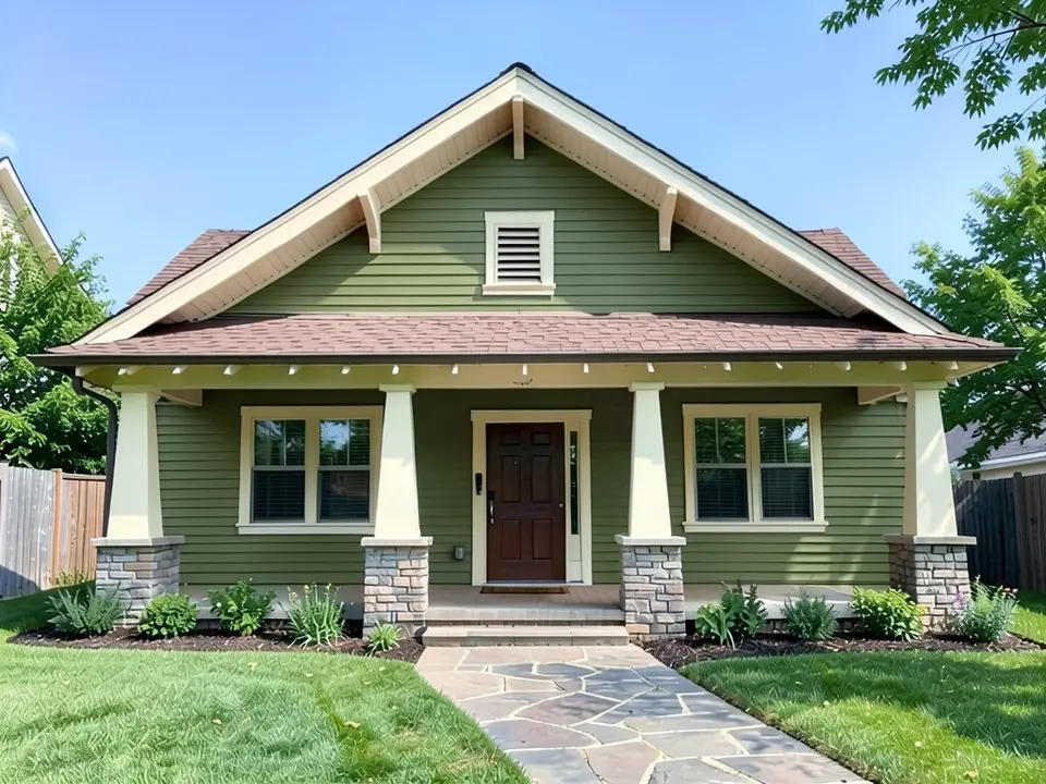 The same bungalow with muted olive green siding; cream trim, columns, stone piers, door and roof kept