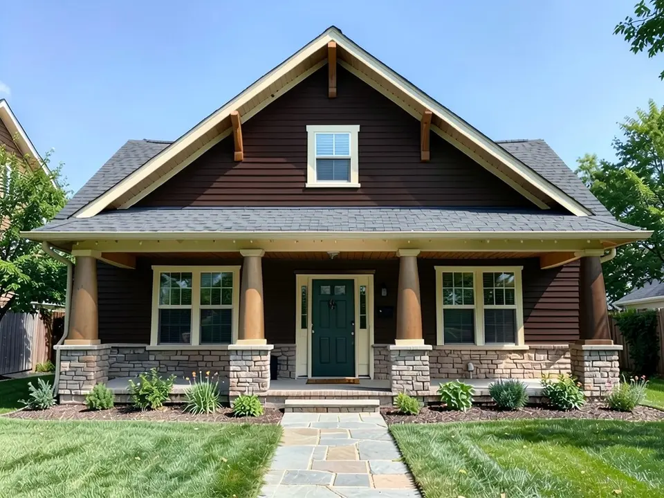 The same bungalow with deep chocolate brown siding; cream trim, tan columns, green door and roof kept