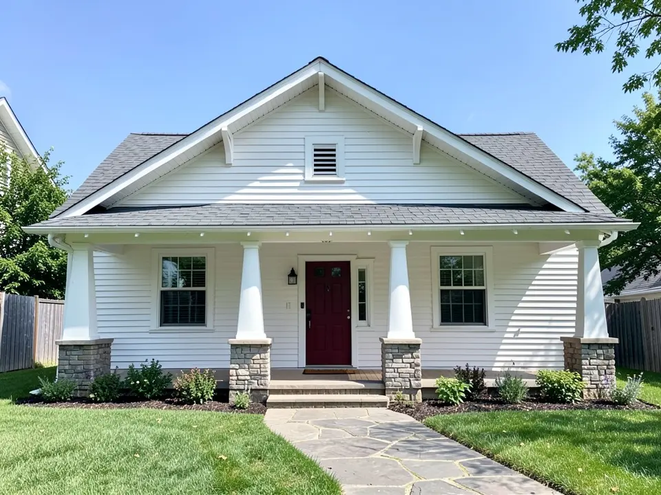 AI-drawn generic stand-in of a Craftsman bungalow with white lap siding, white trim and porch columns on stone piers, a dark red front door and a gray shingle roof