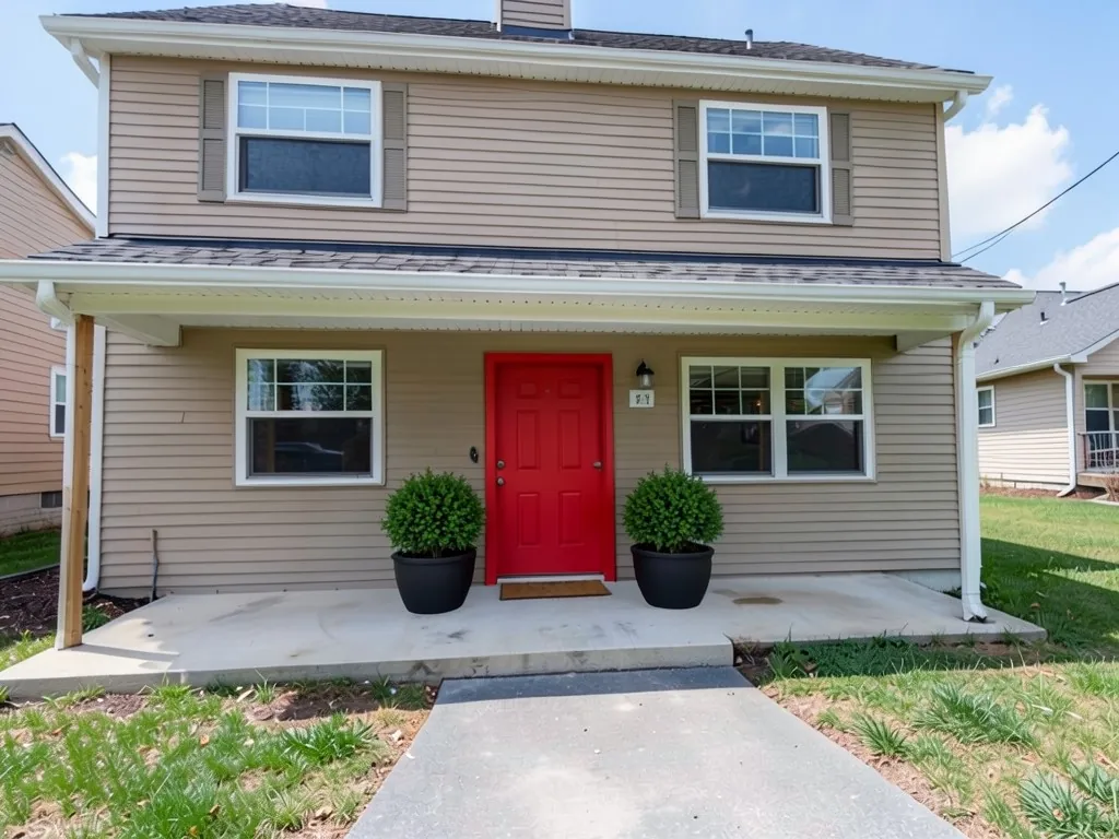 The same house with a bright red front door and two black planters with green shrubs beside the door