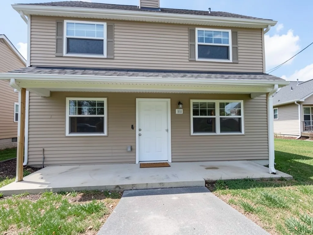 AI-drawn generic stand-in of a beige two-story house with a plain white front door, a bare concrete porch and no plants