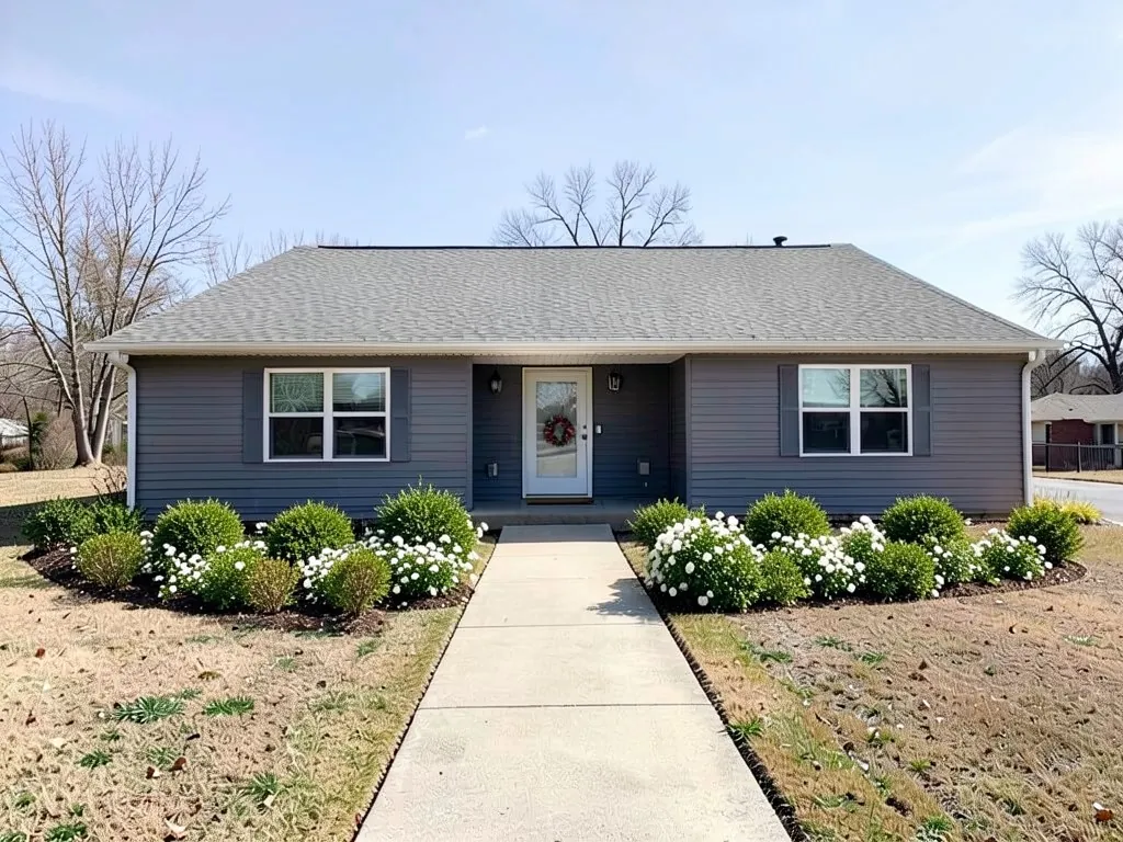 The same house with flower beds of green shrubs and white flowers along the front wall and a wreath on the door