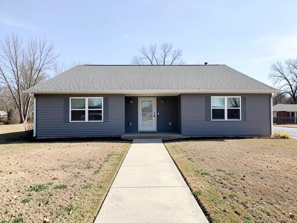 AI-drawn generic stand-in of a gray one-story house with a plain concrete path across a bare lawn to the front door and no flower beds