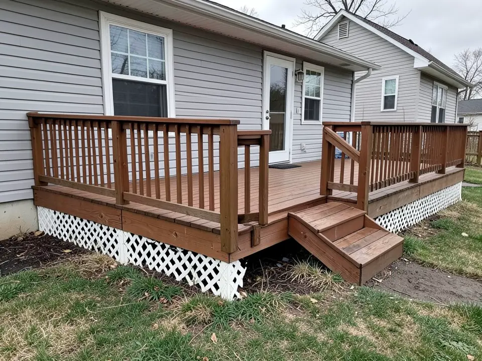 AI-drawn stand-in of a grey one-story house with a brown wood deck and steps, with cracked, sagging white plastic lattice under the deck and a missing section that leaves a dark gap
