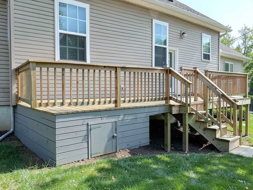 The same deck with grey horizontal board skirting on the left side and most of the front, with a small access door in the front; the part next to the stairs is still open and most of the wooden edge board of the deck is now covered in grey