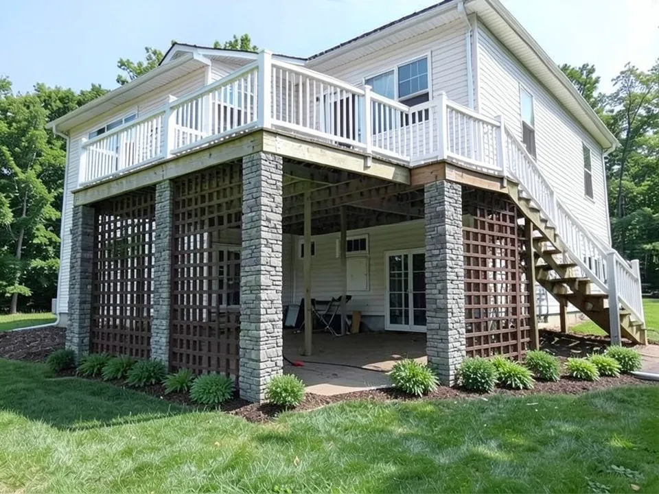 The same deck with grey stacked stone piers on four front posts, dark brown square lattice in the left and right bays, an open middle bay with two bare wood posts, a paved floor and glass doors at the back, one front post from the before missing, and low shrubs in a mulch bed in front