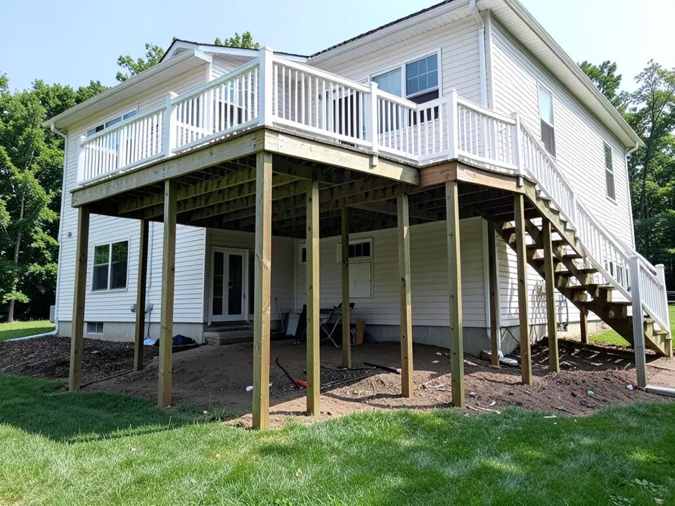 AI-drawn stand-in of a white two-story house with a tall second-story deck on bare wooden posts, a white railing and a long staircase, with bare dirt and a pair of glass doors underneath