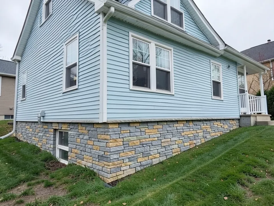 The same house with grey and tan stacked stone covering the foundation band from the siding down to the lawn; siding color, windows, basement window, porch and lawn kept
