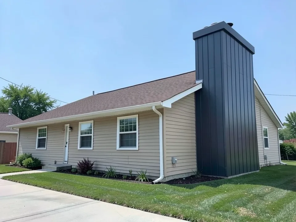 The same ranch with the chimney clad in dark charcoal standing-seam metal panels in the same shape, height and position; siding, windows, door and lawn unchanged