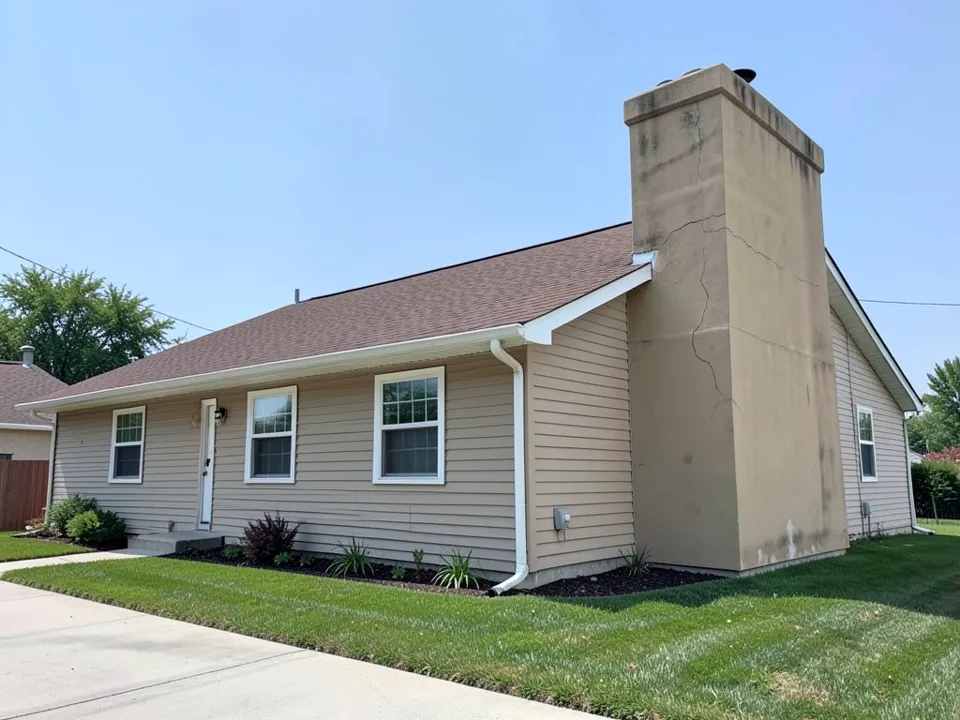 AI-drawn stand-in of a beige single-story ranch house with a wide tan stucco chimney on the end wall, its stucco cracked and stained, with a concrete top and round caps