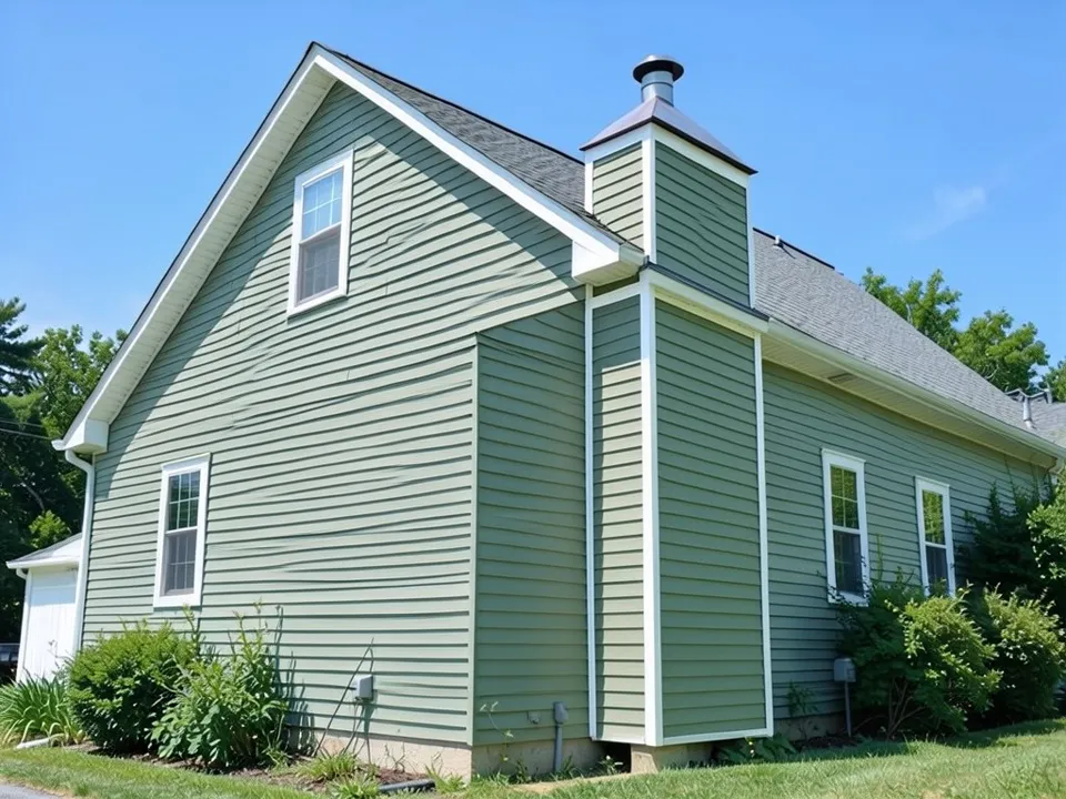 The same house with the chimney chase clad in sage green lap siding that matches the house, with white corner trim; the chase shape, metal cover and flue cap kept