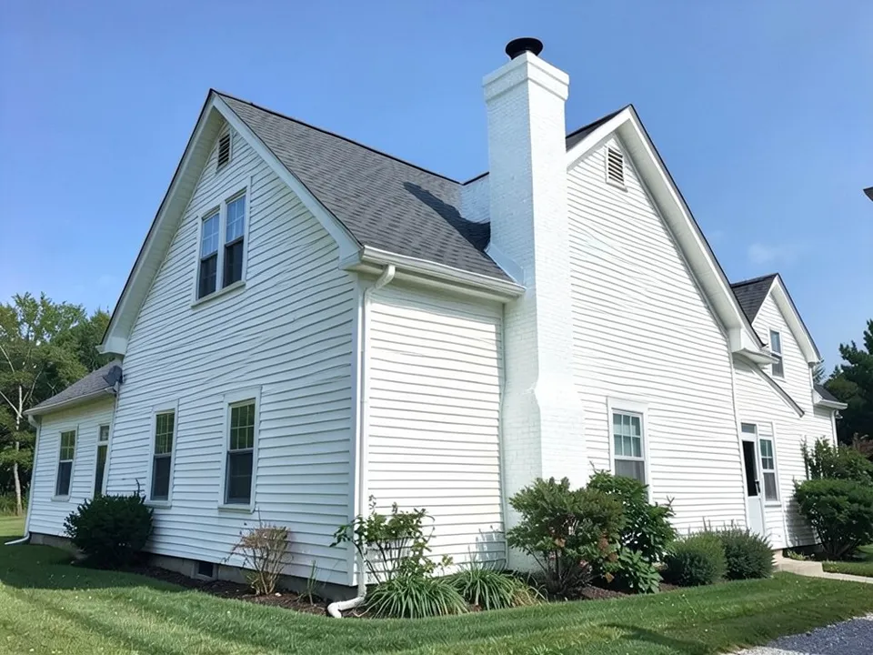 The same house with the brick chimney limewashed white, brick lines still faintly visible, in the same shape and position with the black cap kept