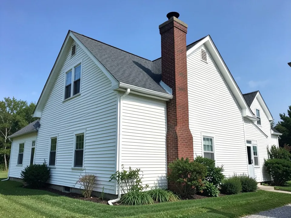 AI-drawn stand-in of a white two-story house with clapboard siding and a tall red brick chimney with a wider lower base running up the side wall, topped by a grey concrete crown and a black cap
