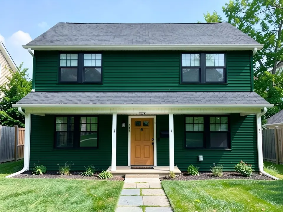The same house with deep green siding; black window frames, wooden door, white porch posts and roof kept