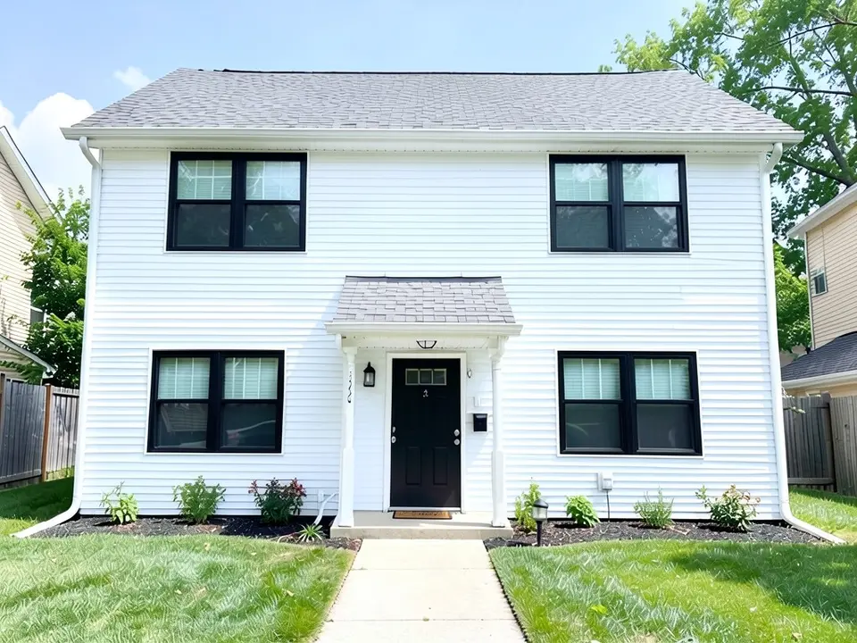 The same house with bright white siding; the window frames, front door and gray roof are unchanged and the frames are still black