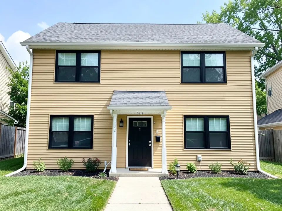 AI-drawn generic stand-in of a two-story house with yellow-tan horizontal siding, black window frames, a black front door under a small porch roof and a gray shingle roof