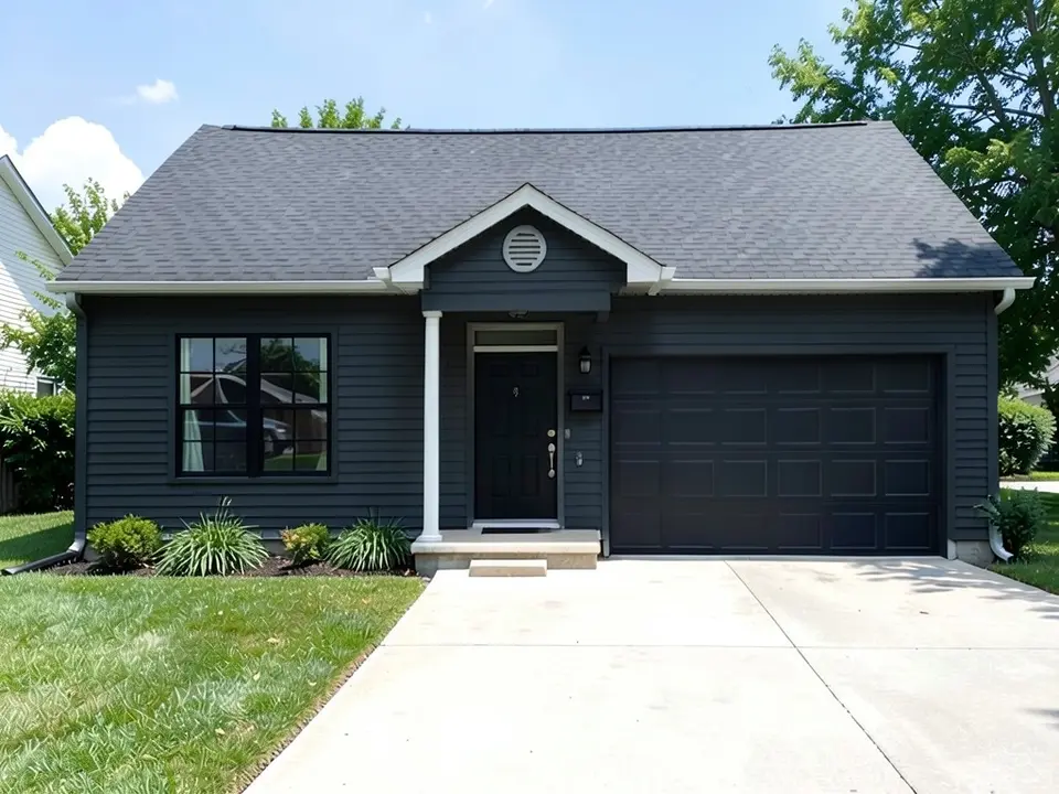 The same house with dark charcoal siding; the window frame, front door and garage door are still black and the porch posts and trim are still white