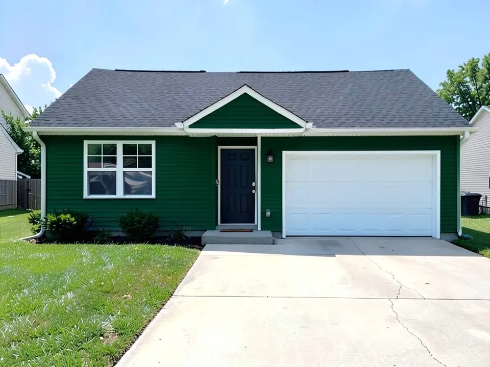 The same house with deep forest green siding under the same dark roof; white trim, white garage door and roof kept