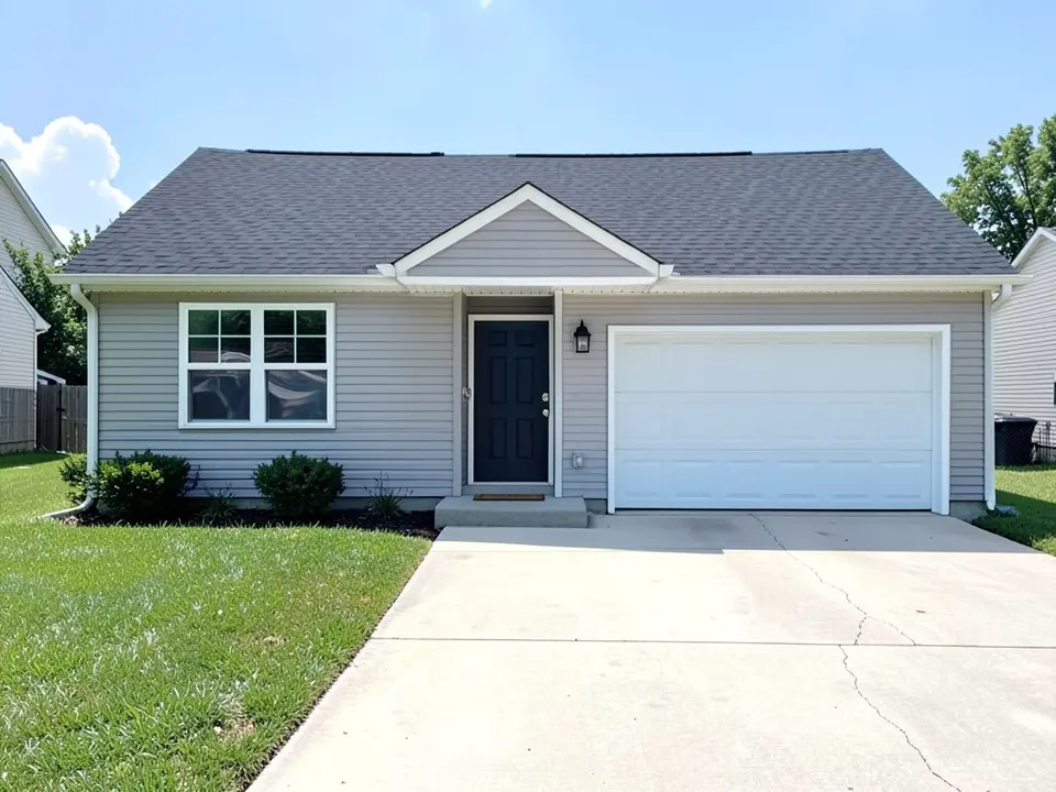 AI-drawn generic stand-in of a one-story ranch house with light gray siding, white window trim, a dark front door, a white garage door and a very dark charcoal-black shingle roof