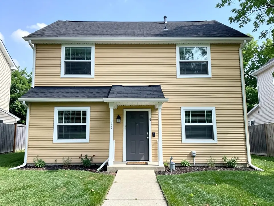 AI-drawn generic stand-in of a two-story house with yellow-tan horizontal siding, white window trim, a dark gray front door under a small porch roof and a black shingle roof