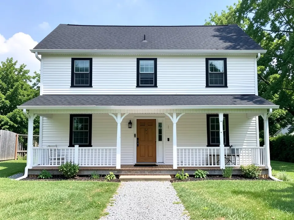 AI-drawn generic stand-in of a two-story farmhouse with white siding, black window frames, a porch with white posts, a wooden front door and a black roof