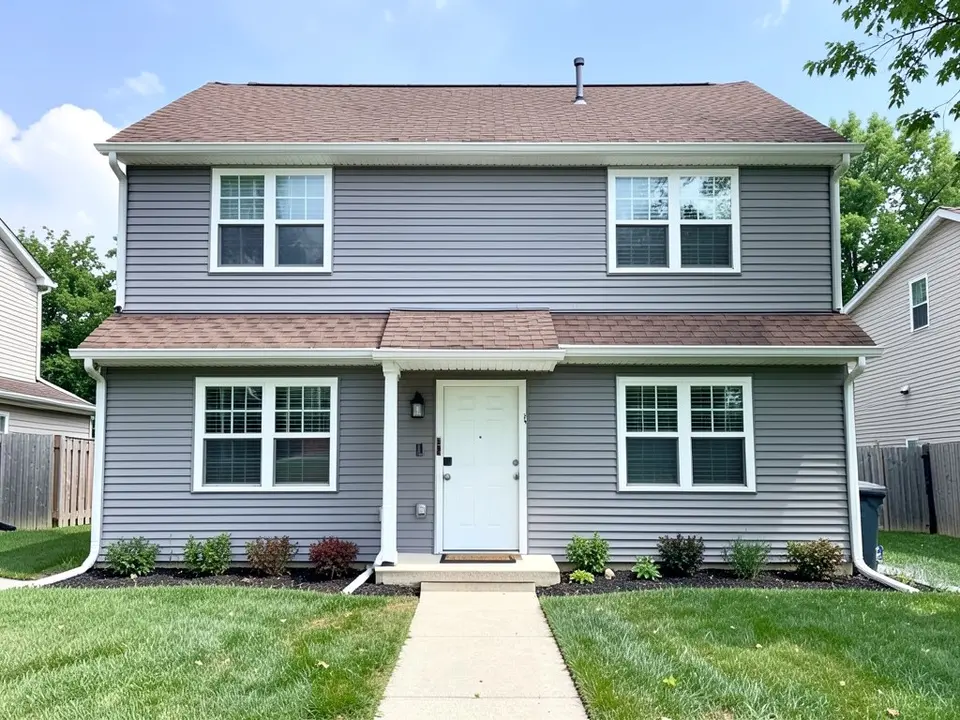 AI-drawn generic stand-in of a two-story house with cool gray horizontal vinyl siding, white window trim, a white front door and a medium brown asphalt shingle roof