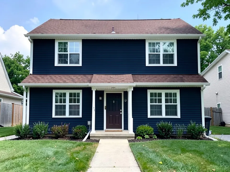 The same house with deep navy siding under the same brown roof; white trim, dark door and roof kept