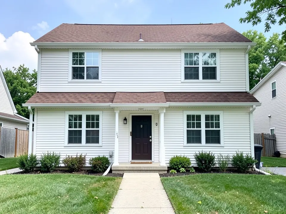 AI-drawn generic stand-in of a two-story house with white horizontal vinyl siding, white window trim, a dark brown front door and a medium brown asphalt shingle roof