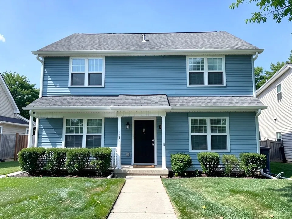 The same house with blue siding; gray roof, white trim and black door kept