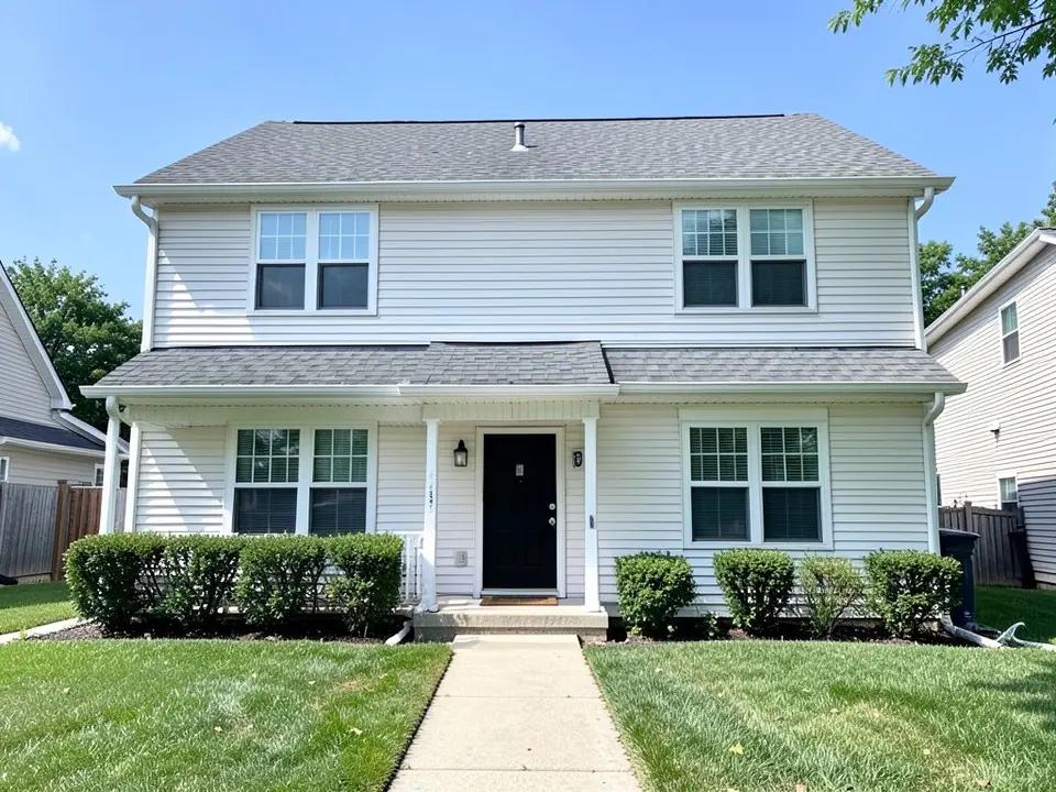 AI-drawn generic stand-in of a two-story house with white horizontal siding, white window trim, a black front door under a small porch and a medium gray shingle roof
