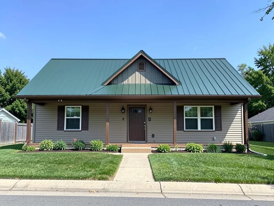 AI-drawn generic stand-in of a single-story ranch house with a dark forest green metal roof, light brown siding, brown trim and shutters and a covered front porch