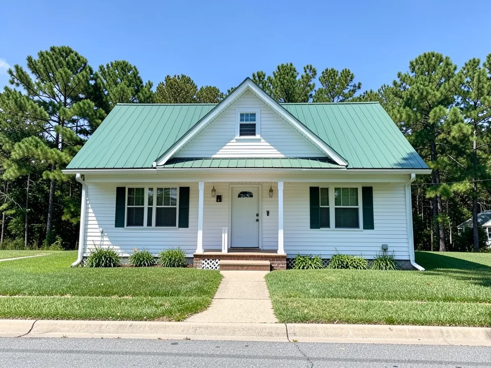 AI-drawn generic stand-in of a one-and-a-half story cabin-style house with a green metal roof, white siding and trim, dark green shutters, a small front porch and pine trees behind