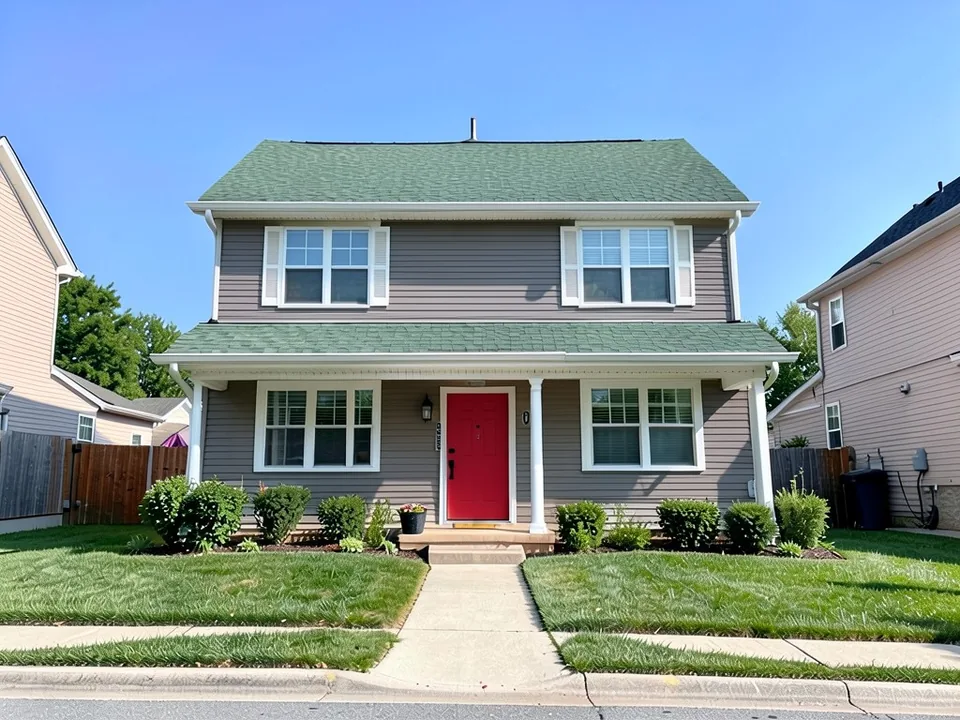 The same house with warm gray siding, white trim and a red front door; green shingle roof kept