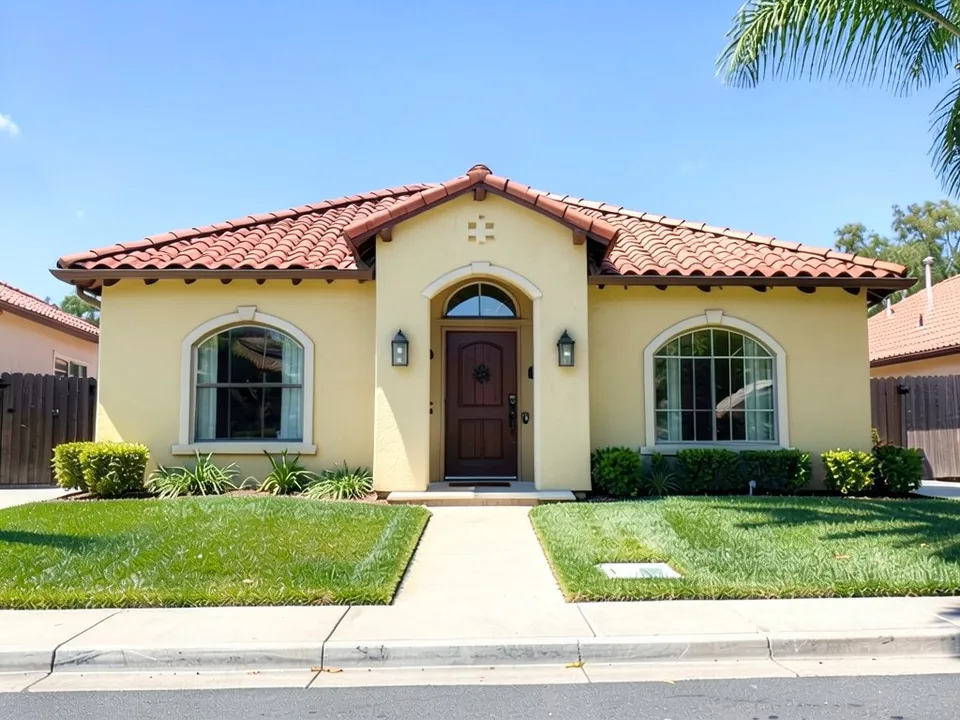 The same house with warm cream stucco walls; red clay tile roof, arched windows and dark wood door kept