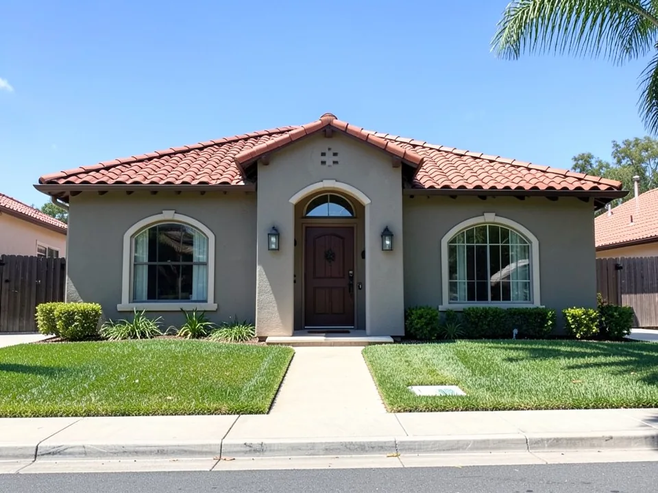 AI-drawn generic stand-in of a single-story Spanish-style house with a red clay tile roof, gray-beige stucco walls, arched windows, a dark wood front door and a palm tree