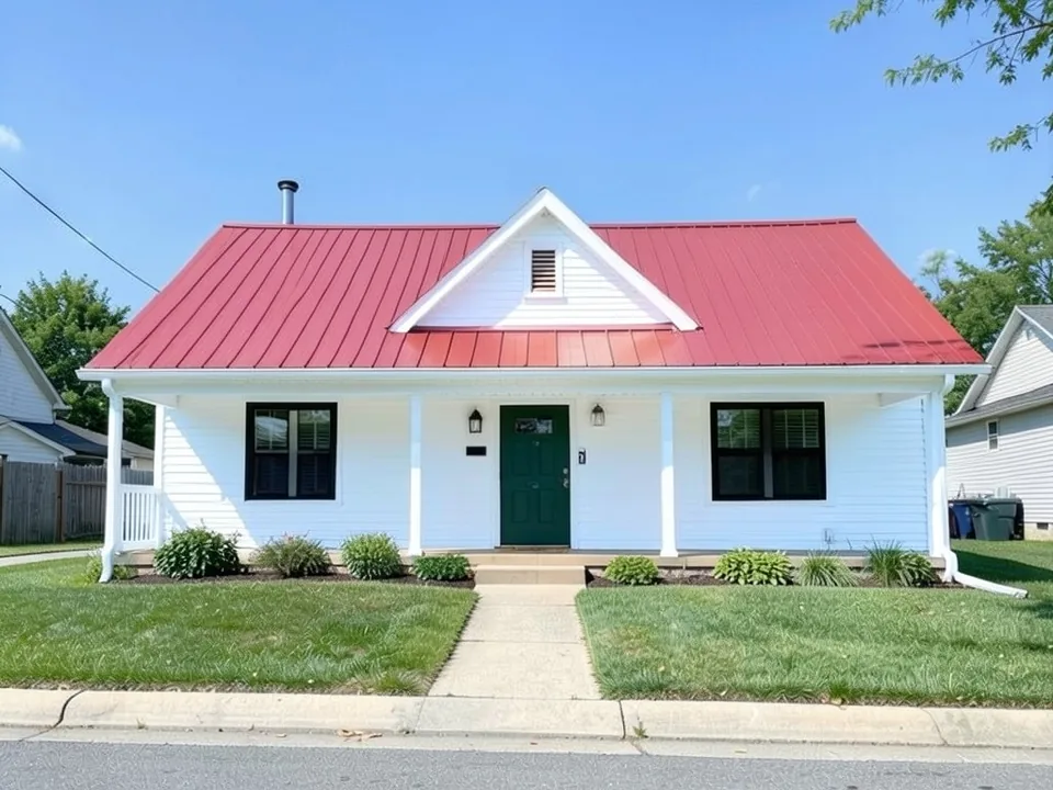 The same house with crisp white siding, trim and porch posts, black window frames and a dark green front door; red metal roof kept