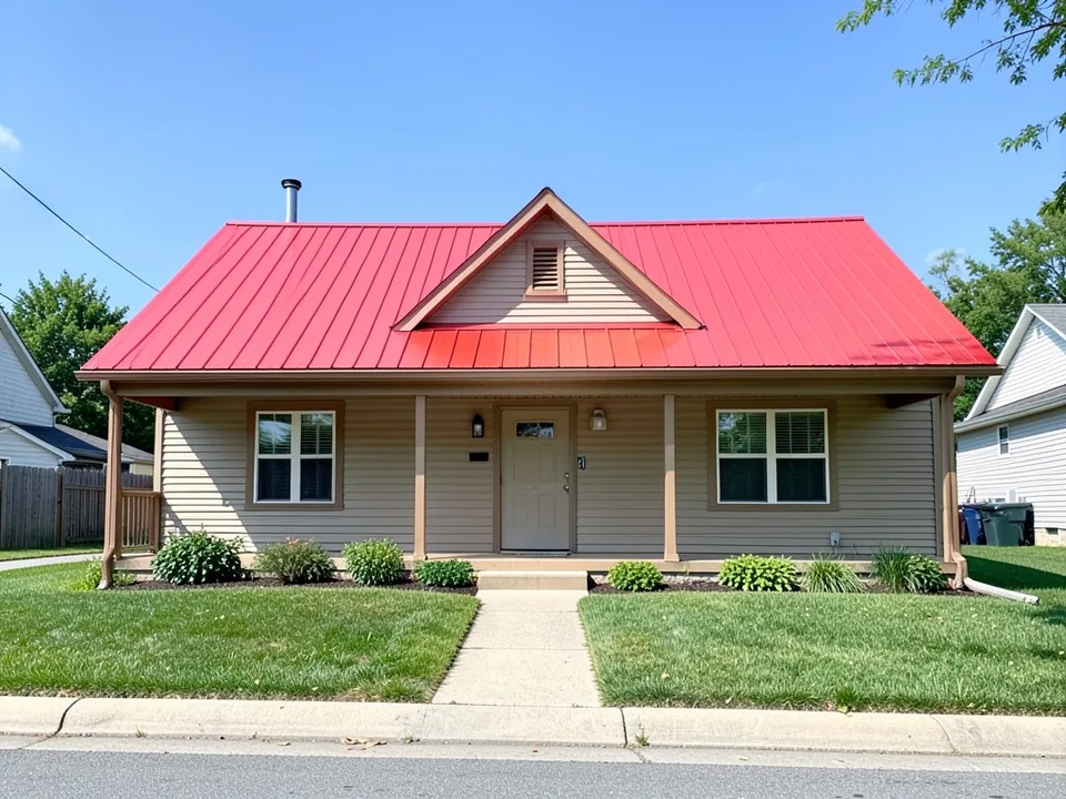 AI-drawn generic stand-in of a single-story country house with a bright red metal roof, tan siding and trim, a covered front porch with wood posts and a plain front door