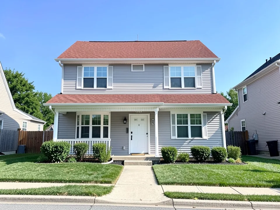 AI-drawn generic stand-in of a two-story house with a red asphalt shingle roof, light gray siding, white trim and shutters, a covered porch and a white front door