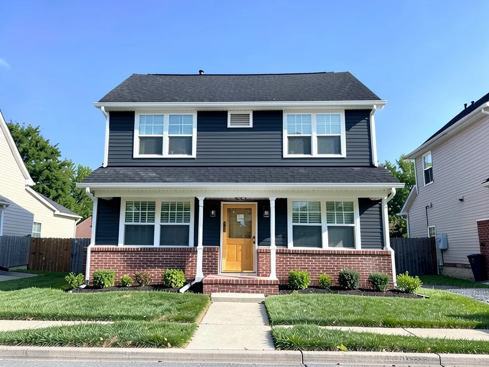 The same house with dark blue-gray siding above the brick and a natural wood front door; white windows, trim and red brick kept