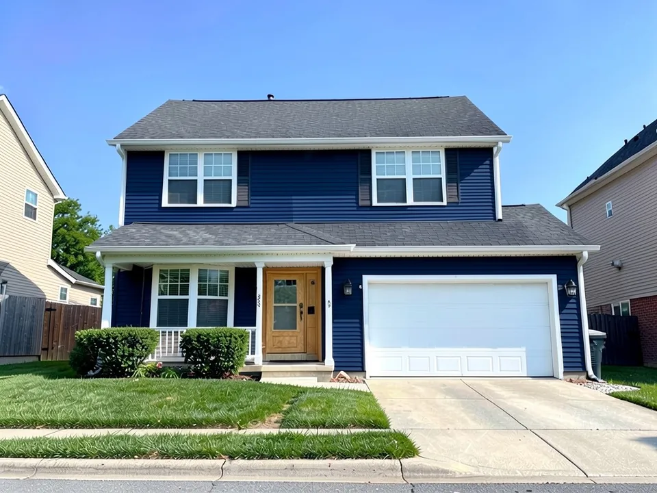 The same house with deep navy siding and a natural wood front door; white windows, white trim and white garage door kept
