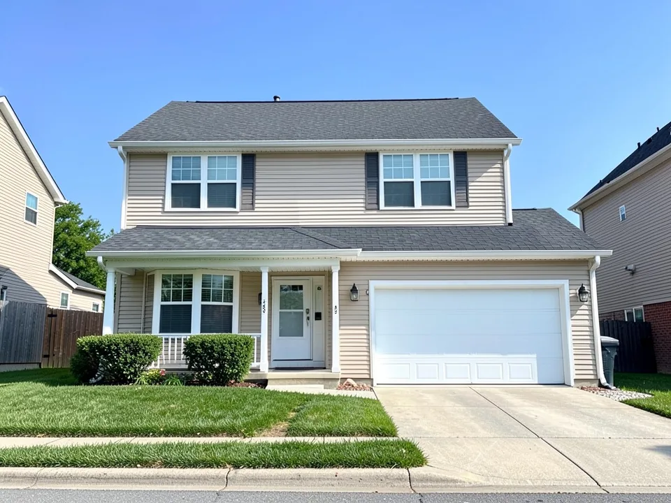 AI-drawn generic stand-in of a two-story house with white vinyl windows, white trim, beige siding, dark shutters on the upper windows, a white garage door and a dark gray roof