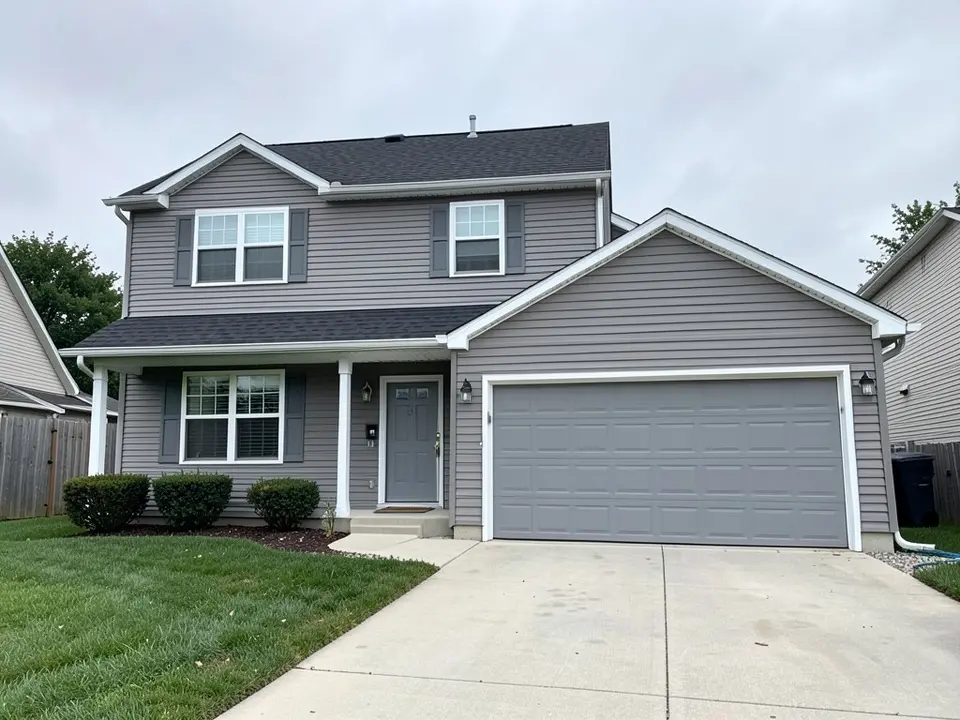 AI-drawn generic stand-in of a two-story suburban house with plain gray vinyl siding, white trim, a gray front door and a gray garage door