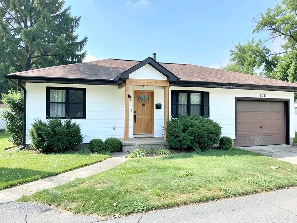 The same ranch house as a modern farmhouse with white siding, black windows, a wood front door and a small covered entry