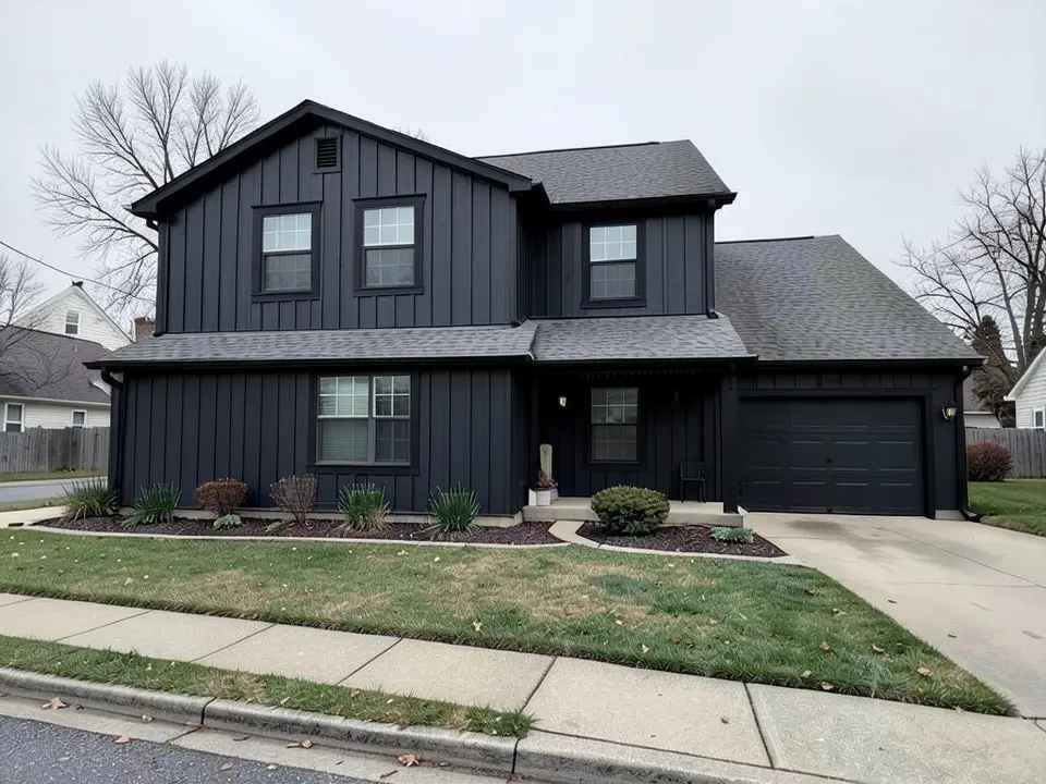 The same two-story house redesigned with dark charcoal vertical board and batten siding and black trim