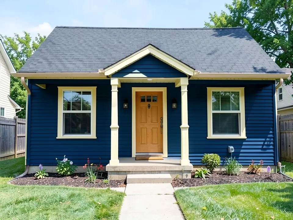 The same bungalow with deep navy siding, cream porch columns and window trim, a honey-toned wood front door and the same dark roof