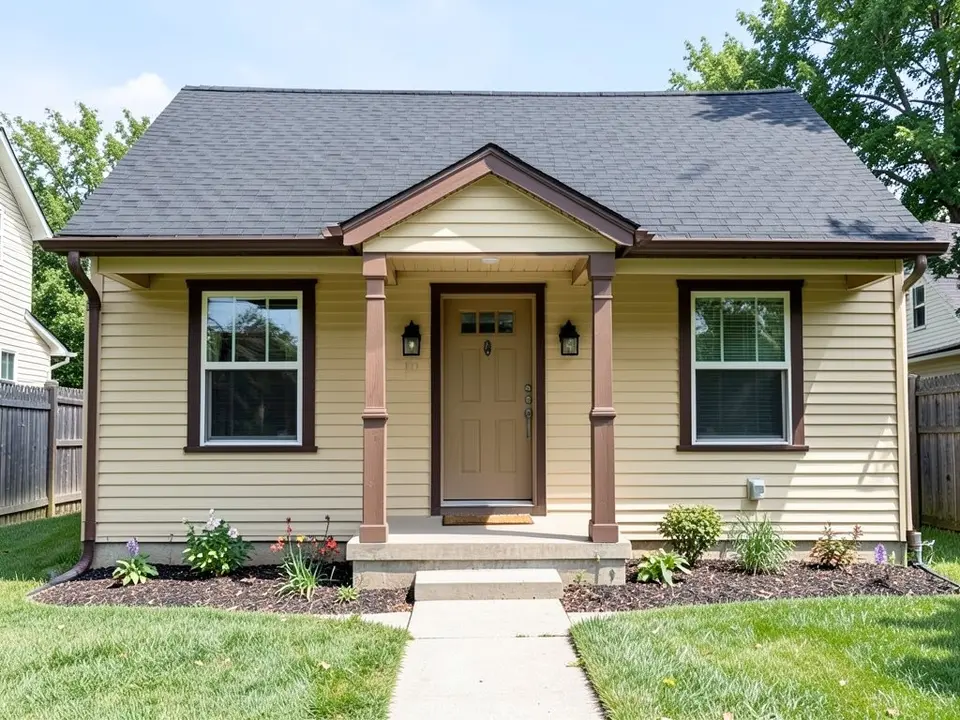 AI-drawn generic stand-in of a one-story bungalow with light yellow-tan horizontal siding, a covered porch with brown columns, dark brown window trim, a tan front door and a dark charcoal shingle roof