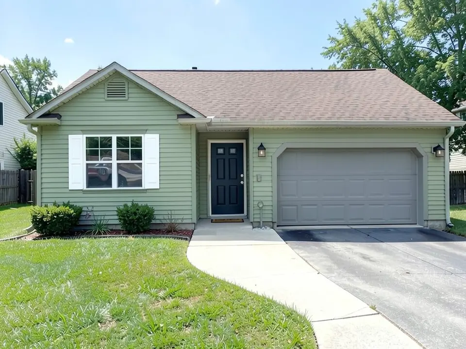 The same house with muted sage green siding, white shutters and trim, a dark charcoal front door and the gray garage door