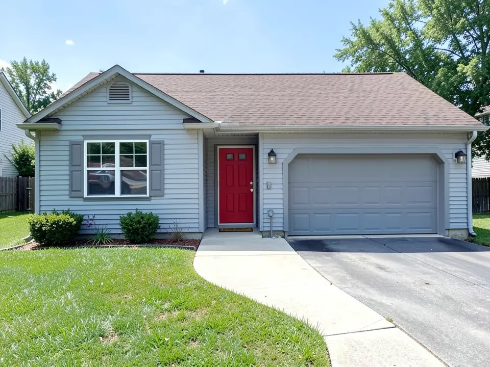 AI-drawn generic stand-in of a one-story ranch house with light gray-blue siding, gray shutters and trim, a bright red front door, a gray garage door and a brown shingle roof