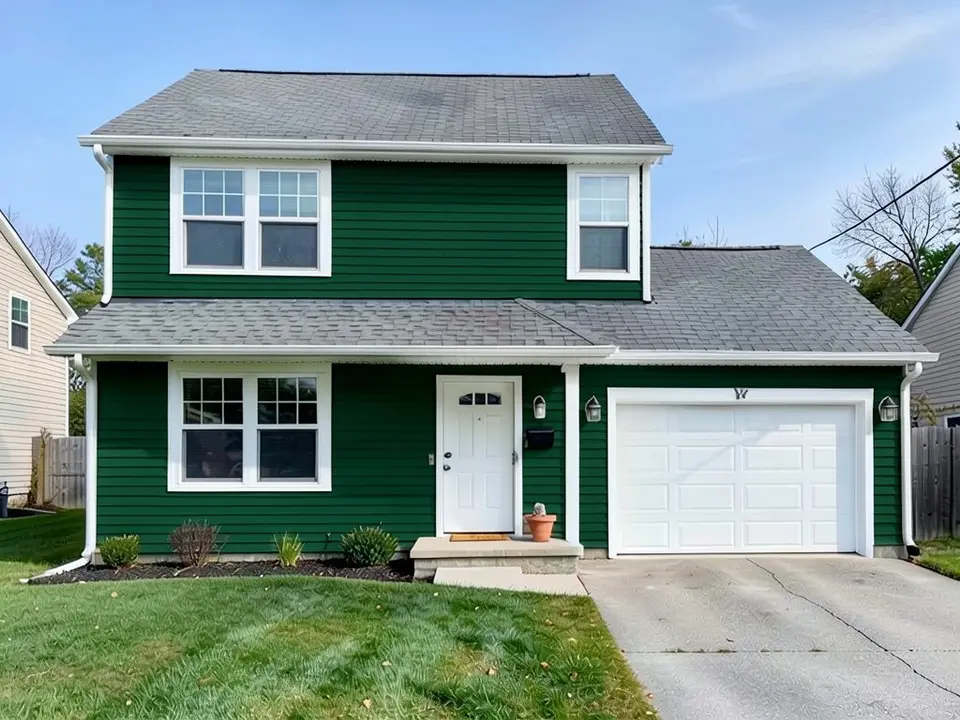 The same house with the siding painted deep forest green on every wall including the garage wall; the white trim, windows, doors and gray roof kept